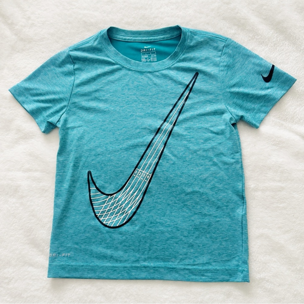 Nike Boys Activewear Set DriFit Teal Swoosh Shirt and Black Athletic Shorts 7 - Picture 2 of 8